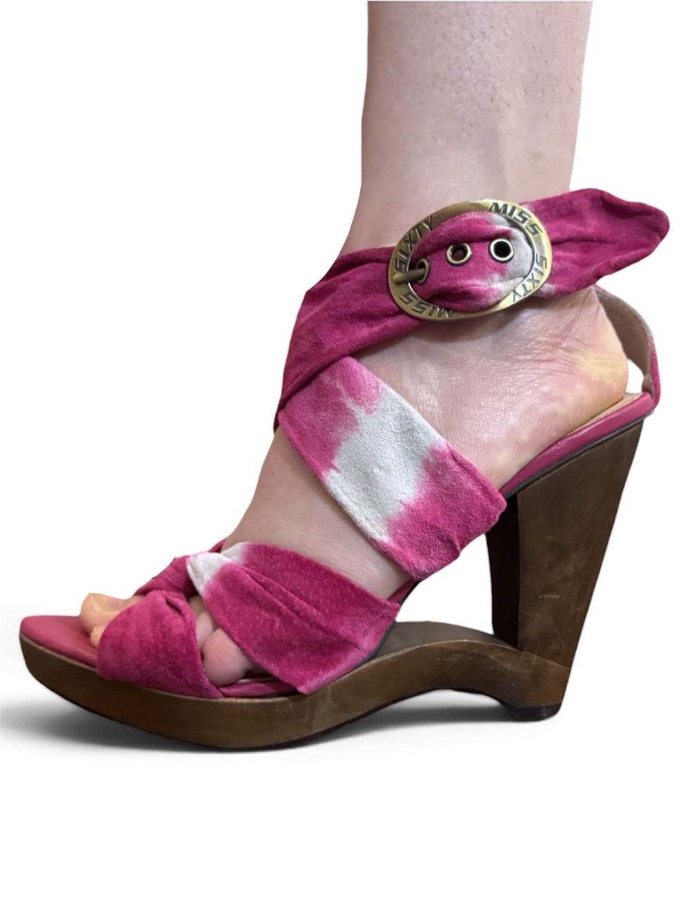 MISS SIXTY TIE DYE SUEDE BELTED WOODEN WEDGE HEELS ANKLE WRAP PINK WHITE Y2K